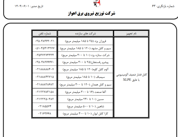 تأییدیه شرکت توزیع نیروی برق اهواز